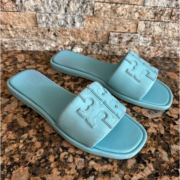 Tory Burch Double T Sport Slide Patent Leather Misty Aqua - Picture 3 of 9